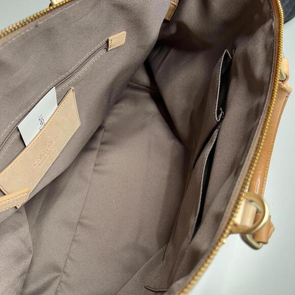 Calvin Klein Beige Leather Satchel Tote Bag Gold Hardware Structured Large Purse - Picture 6 of 15